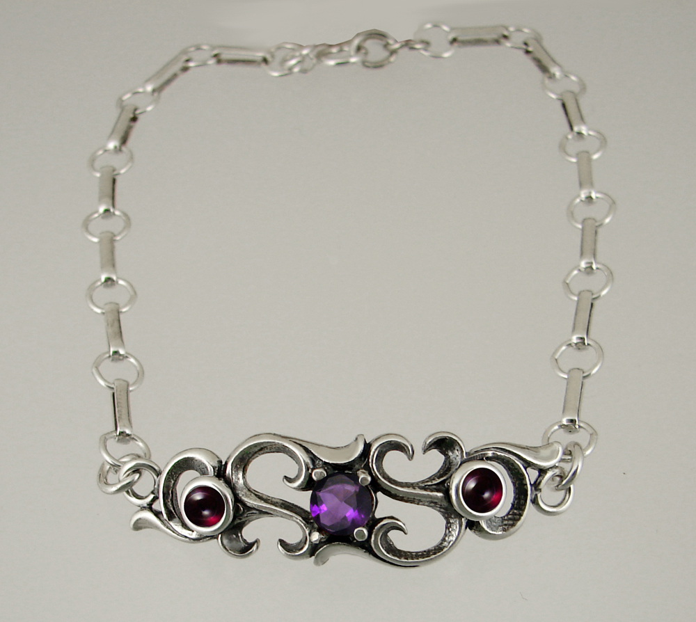 Sterling Silver Bracelet With Faceted Amethyst And Garnet
